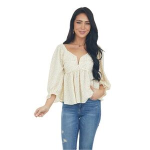 Lemon and Cream Ditsy Floral Peasant Top - L